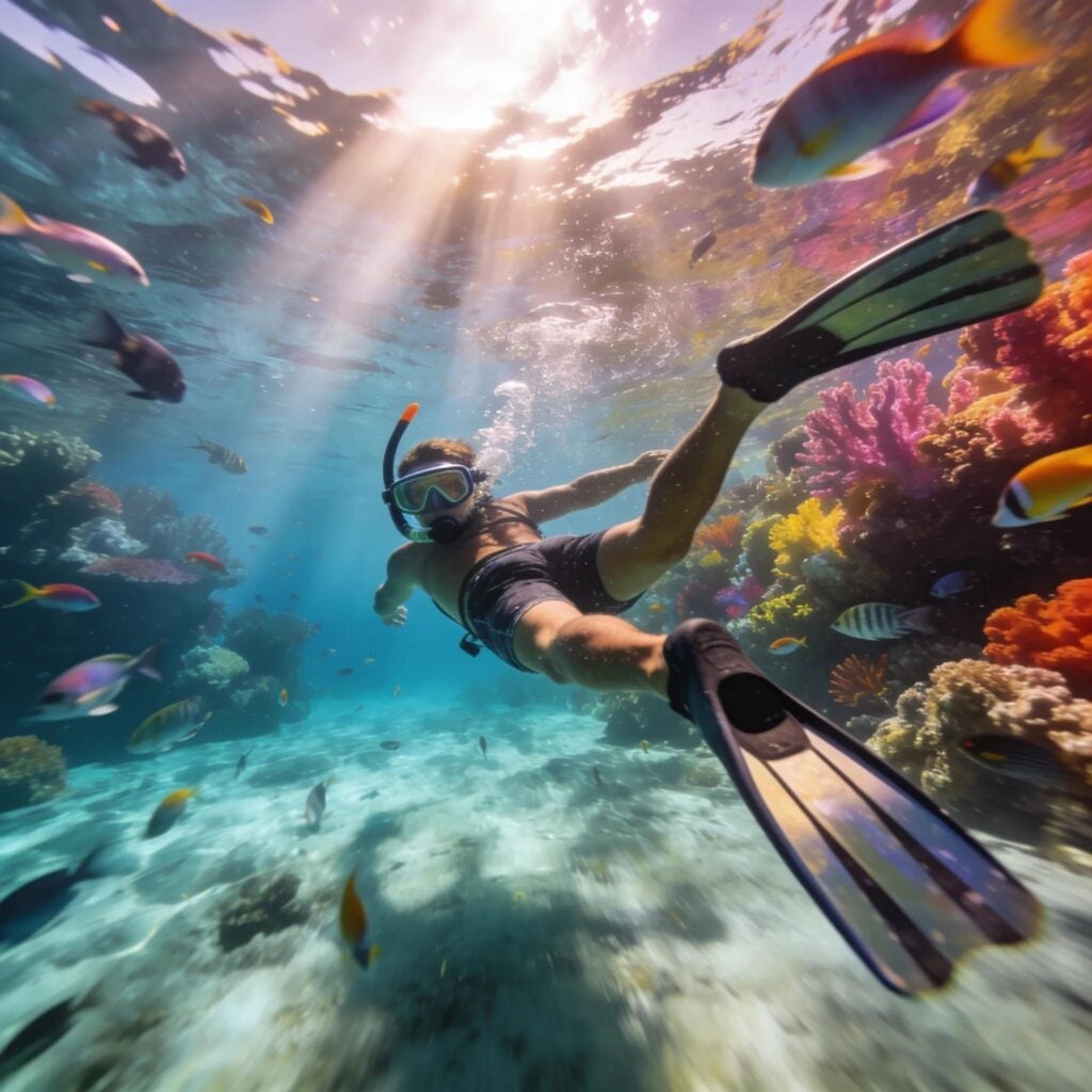 Snorkeler drifting over a colorful coral reef alive with tropical fish