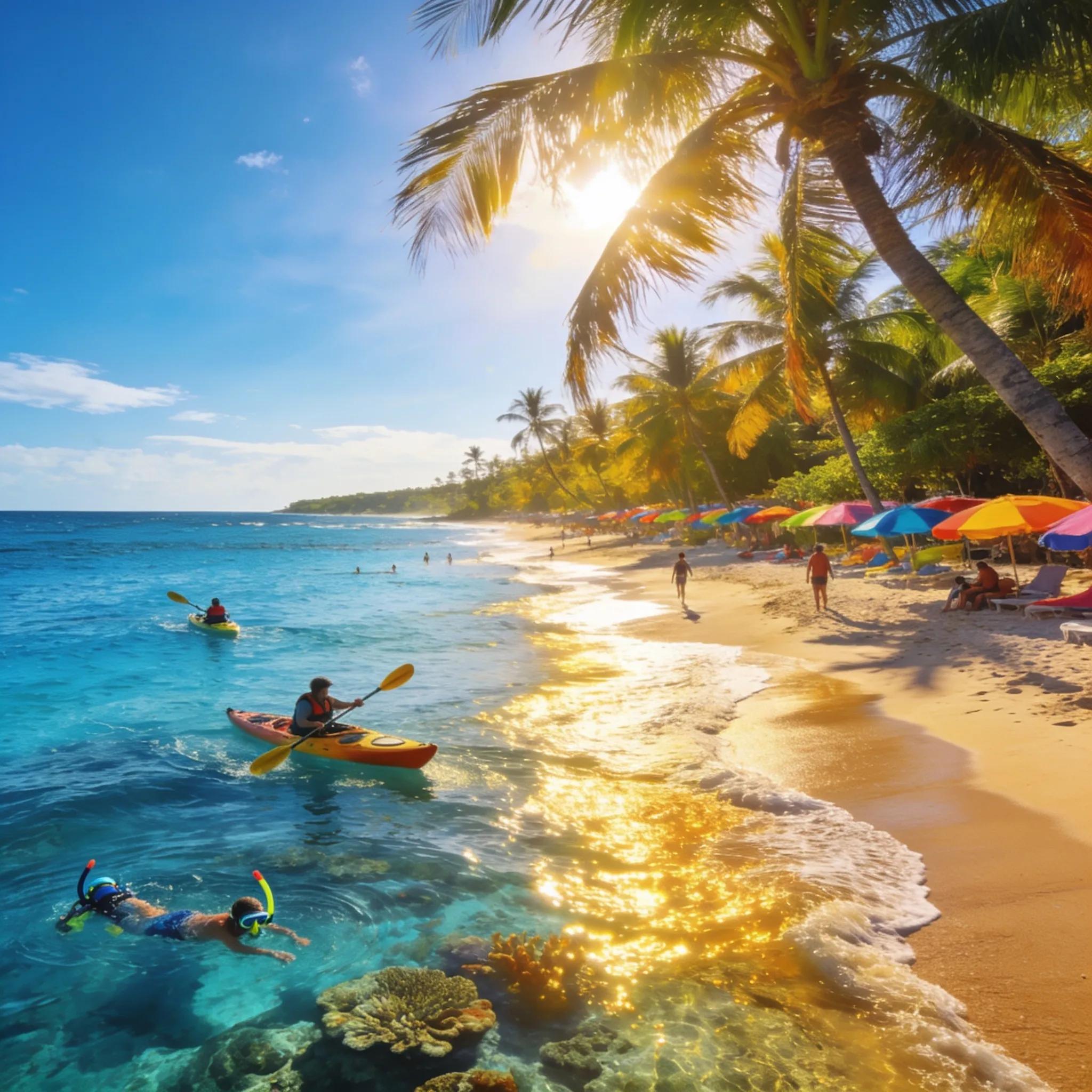 Vibrant tropical beach scene with people enjoying kayaking and snorkeling