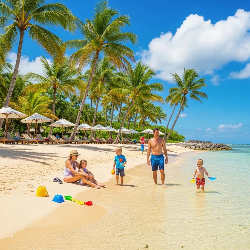 Family enjoying a tropical beach vacation with children playing in shallow waters, ideal for family-friendly