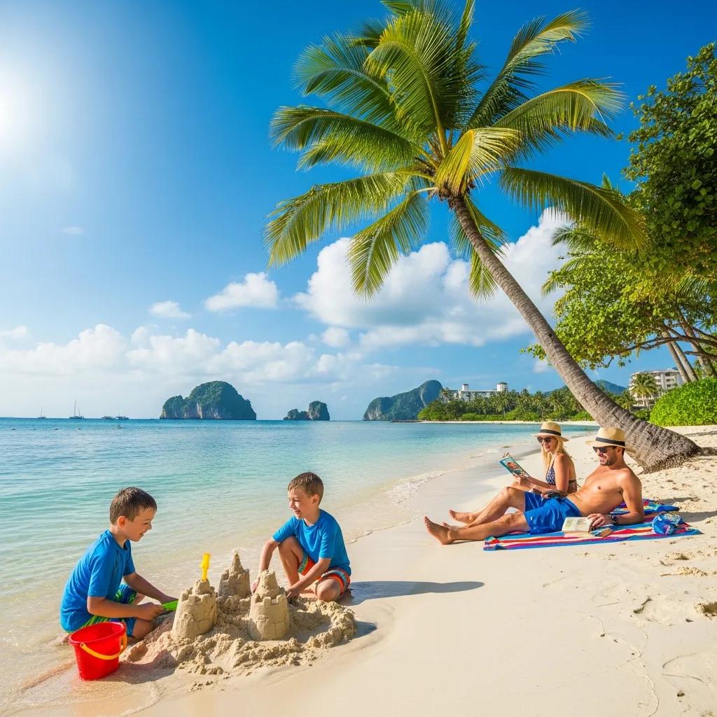 Family enjoying a tropical beach vacation, children playing in the sand, all-inclusive family travel deals.