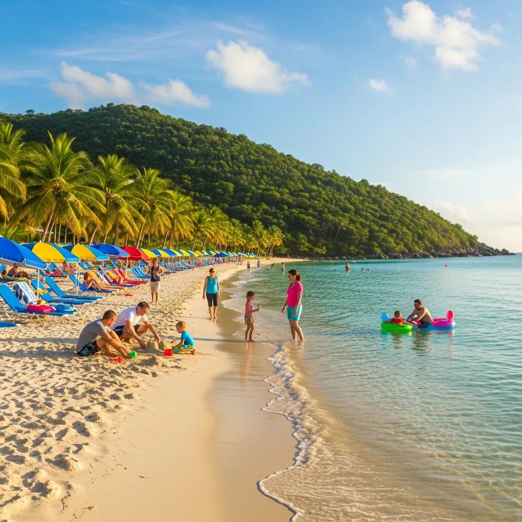 Family-friendly Caribbean beach scene with children playing in shallow water and colorful beach umbrellas.