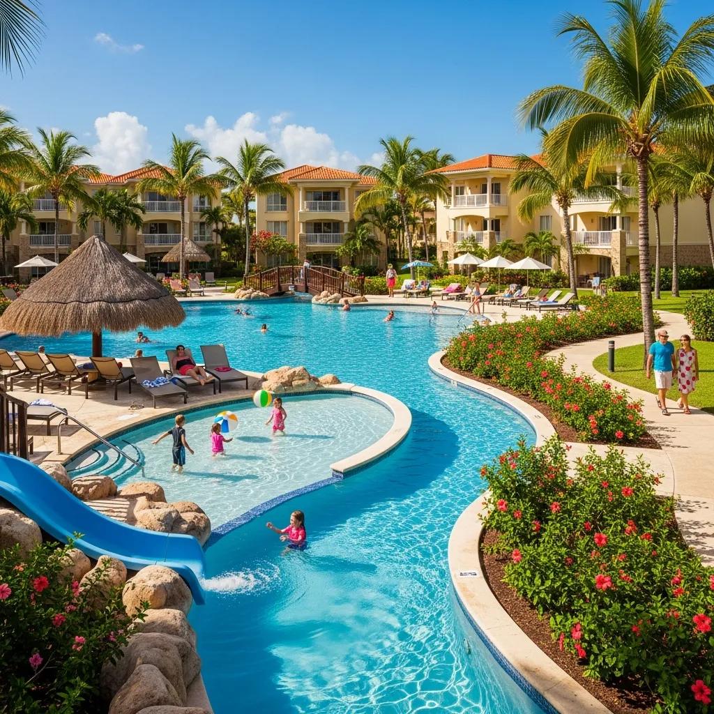 Family-friendly tropical resort with children playing in the pool and lush gardens, ideal for family