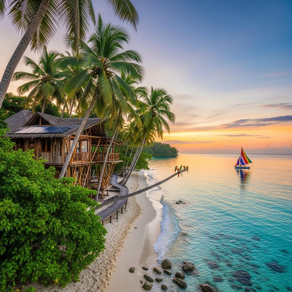 Eco-lodge nestled among palm trees representing sustainable tropical travel and conservation.