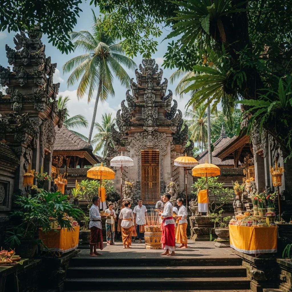 Traditional temple ceremony in Southeast Asia, locals in cultural attire, cultural adventure travel experience.