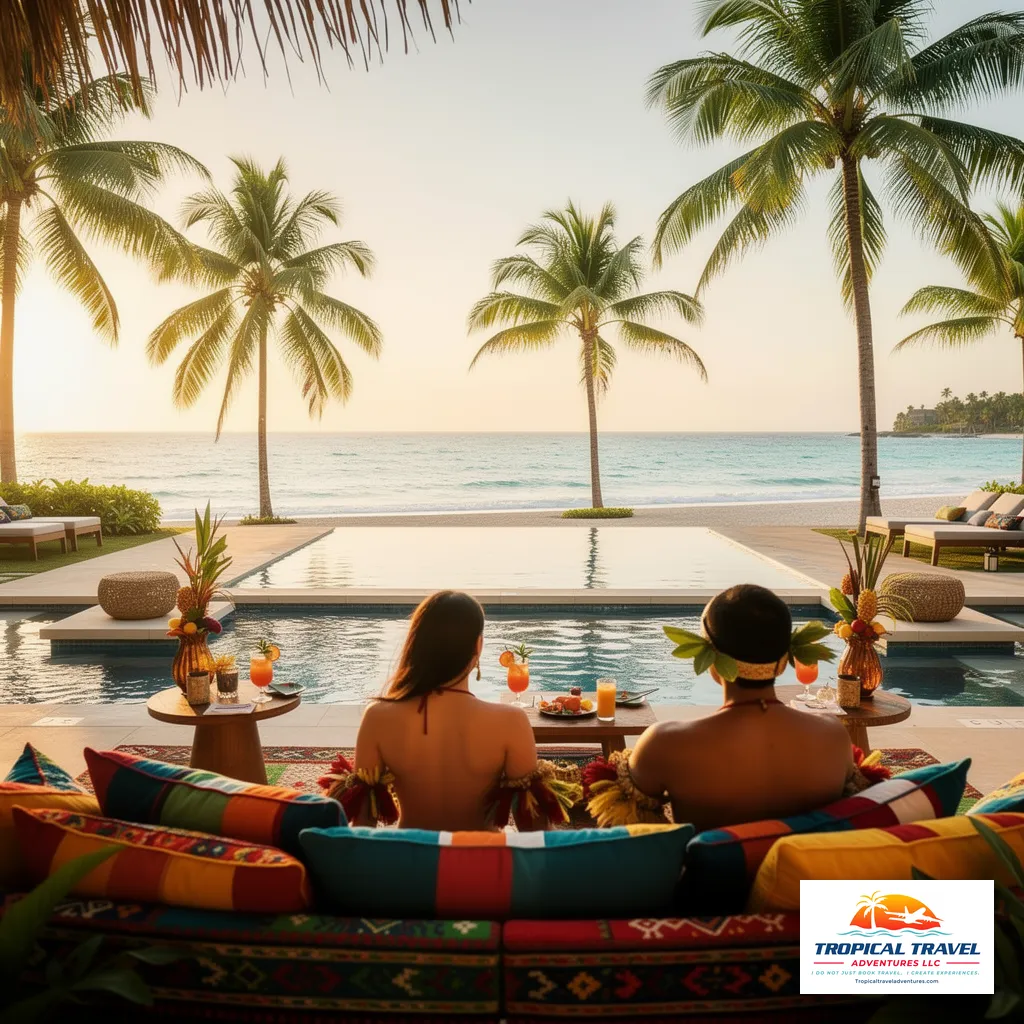 Tropical resort pool with lounge seating and cocktails, showcasing all-inclusive vacation planning services.