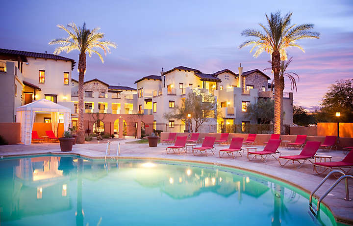 Pool at Cibola Vista Resort and Spa in Peoria, Arizona, at dusk
